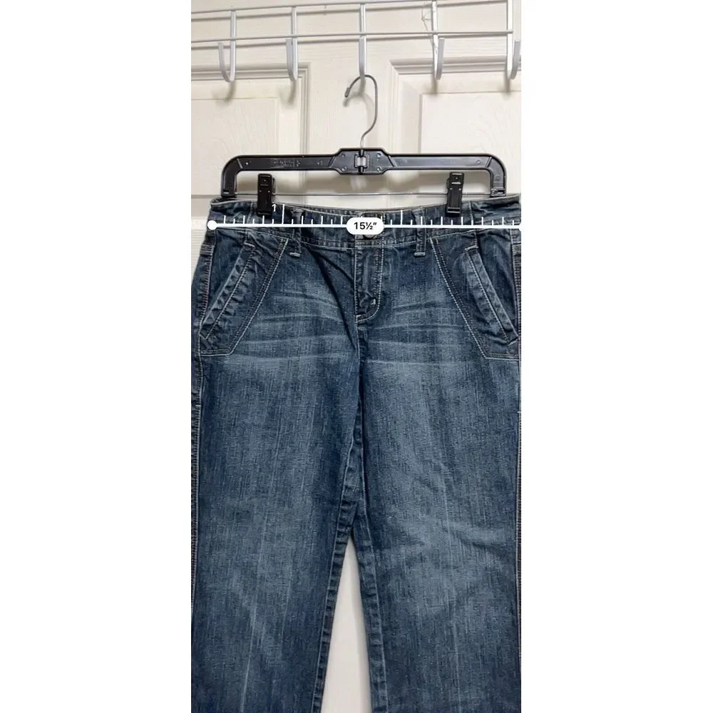 Womens Dark Wash Cropped Flare Jeans Low Rise Y2K‎ Style Denim Blue 31x25
